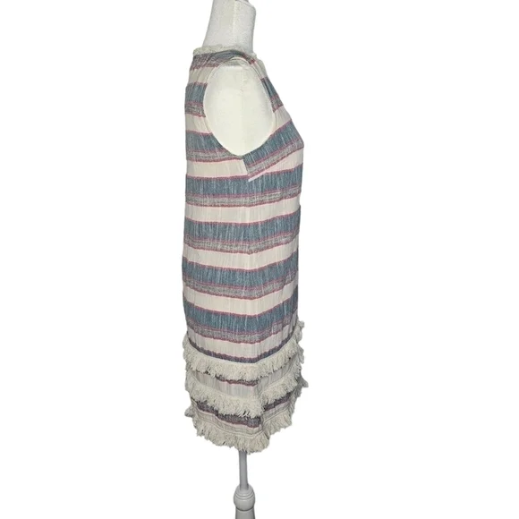 Holding Horses Anthropologies Cream & blue & red stripes w/ fringe v-neck size 6 - Picture 10 of 13